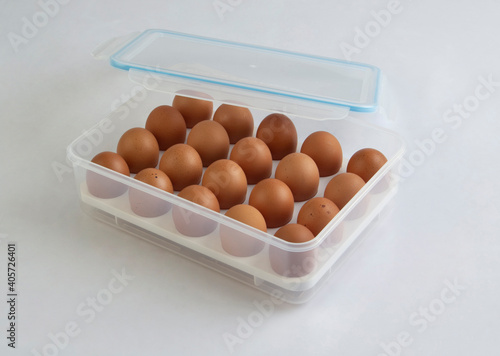eggs in plastic packaging box isolated on white