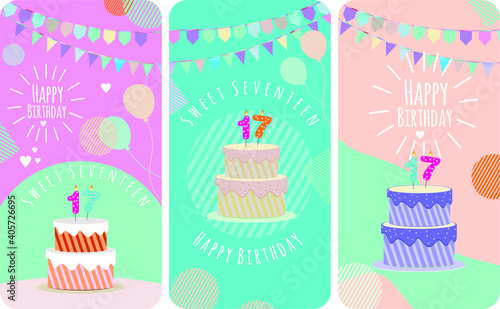 Happy birthday cake and party flag background