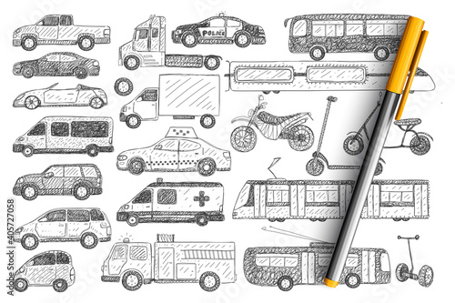 Types of vehicles doodle set. Collection of hand drawn cars buses scooters police car trucks trolleybus moped isolated on transparent background. Illustration of transport modes and car kinds on road