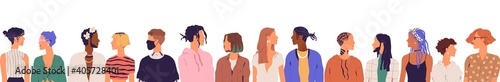 Crowd of diverse young modern people isolated on white background. Group of contemporary trendy men and women of different race and appearance. Multicultural society. Colored flat vector illustration