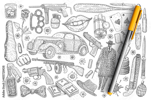 Crimes and robbery symbols doodle set. Collection of hand drawn gun money poison luxury car revolver pistol detective in hat isolated on transparent background. Illustration of criminal story