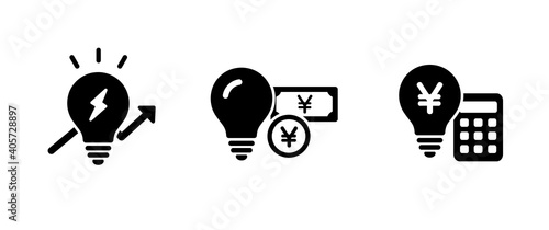 電気代のアイコンセット　電力　電気料金　電球　イラスト　光熱費　生活費　節電　ライト