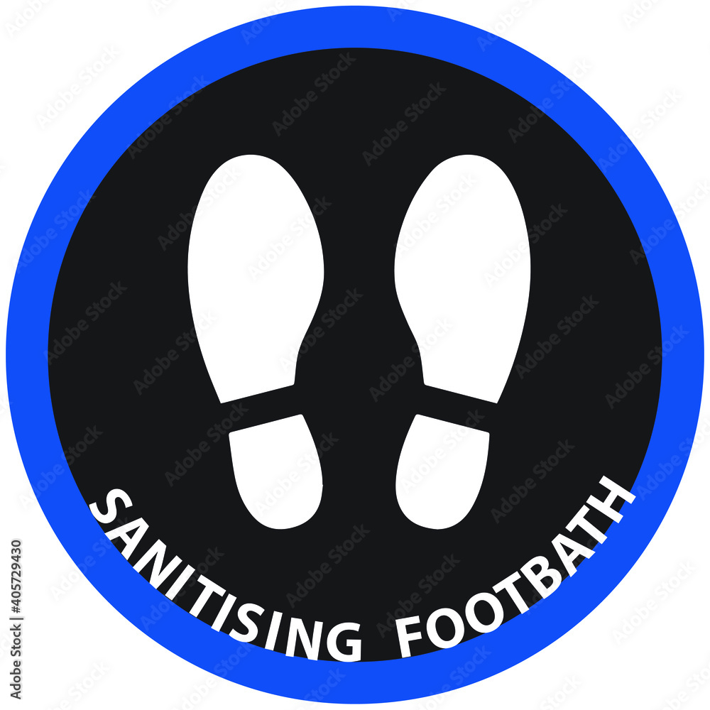 Social distancing concept for preventing coronavirus covid-19 with stop here footprint icon and wording Sanitising footbath on blue circle background Social distancing concept for preventing coronavirus covid-19 with stop here footprint icon and wording Sanitising footbath on blue circle background