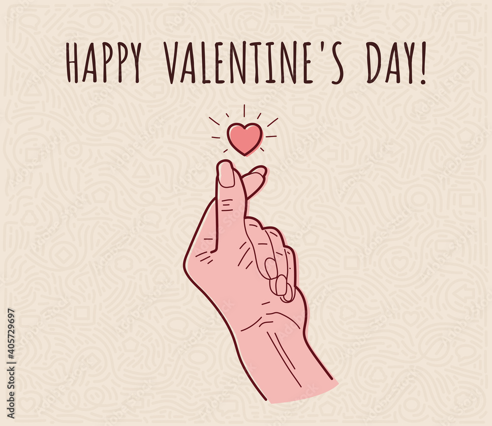 Finger heart. Korean love sign. Design of a postcard for Valentine's Day.