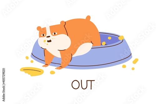 Cute fat hamster demonstrating English preposition of direction and place by climbing out its bowl. Funny animal with inscription isolated on white background. Childish color flat vector illustration