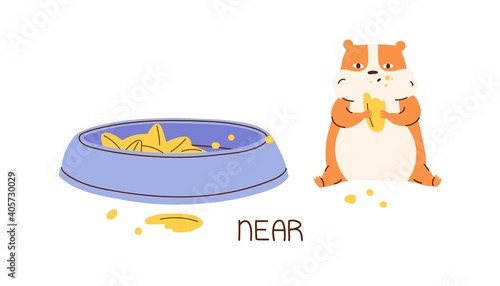 Cute animal demonstrating English preposition of place by sitting near bowl with food. Funny hamster eating grains isolated on white background. Flat vector illustration for language learning