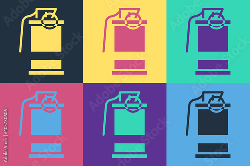 Pop art Hand smoke grenade icon isolated on color background. Bomb explosion. Vector.