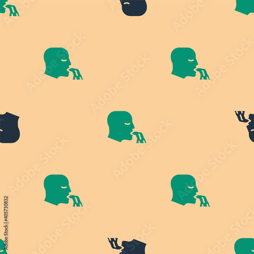 Green and black Vomiting man icon isolated seamless pattern on beige background. Symptom of disease, problem with health. Nausea, food poisoning, alcohol poisoning concept. Vector.
