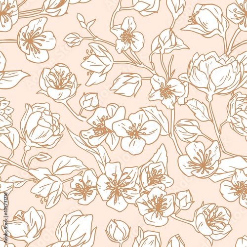 Seamless pattern of blossomed buds of white jasmine flowers. Elegant floral repeatable backdrop for wallpaper or wrapping. Monochrome flowery texture for printing. Hand-drawn vector illustration