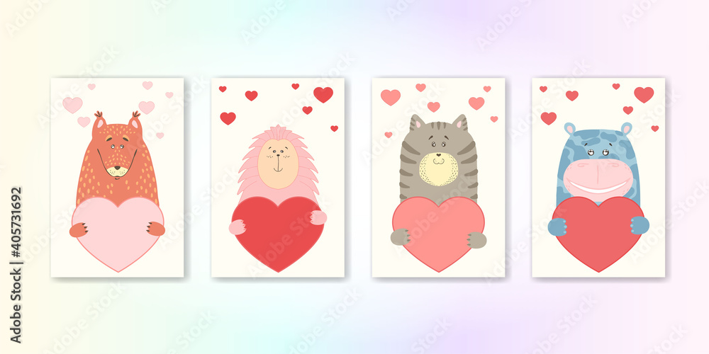 Cute cartoon animal holds a heart sign with copy space. set valentine's day greeting card banner invitation flyer brochure. cartoon hand drawn style. Little animals pets in love, declaration of love Cute cartoon animal holds a heart sign with copy space. set valentine's day greeting card banner invitation flyer brochure. cartoon hand drawn style. Little animals pets in love, declaration of love
