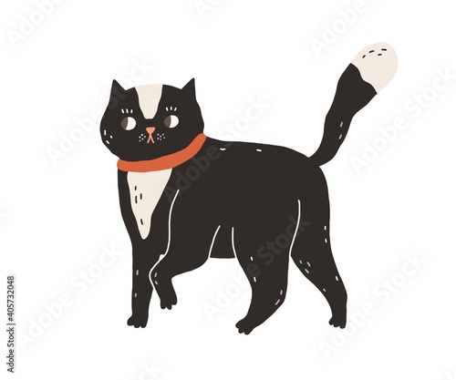 Cute careful cat walking and looking amazed and suspicious. Funny astonished domestic kitty drawn in doodle style. Colorful flat vector illustration isolated on white background