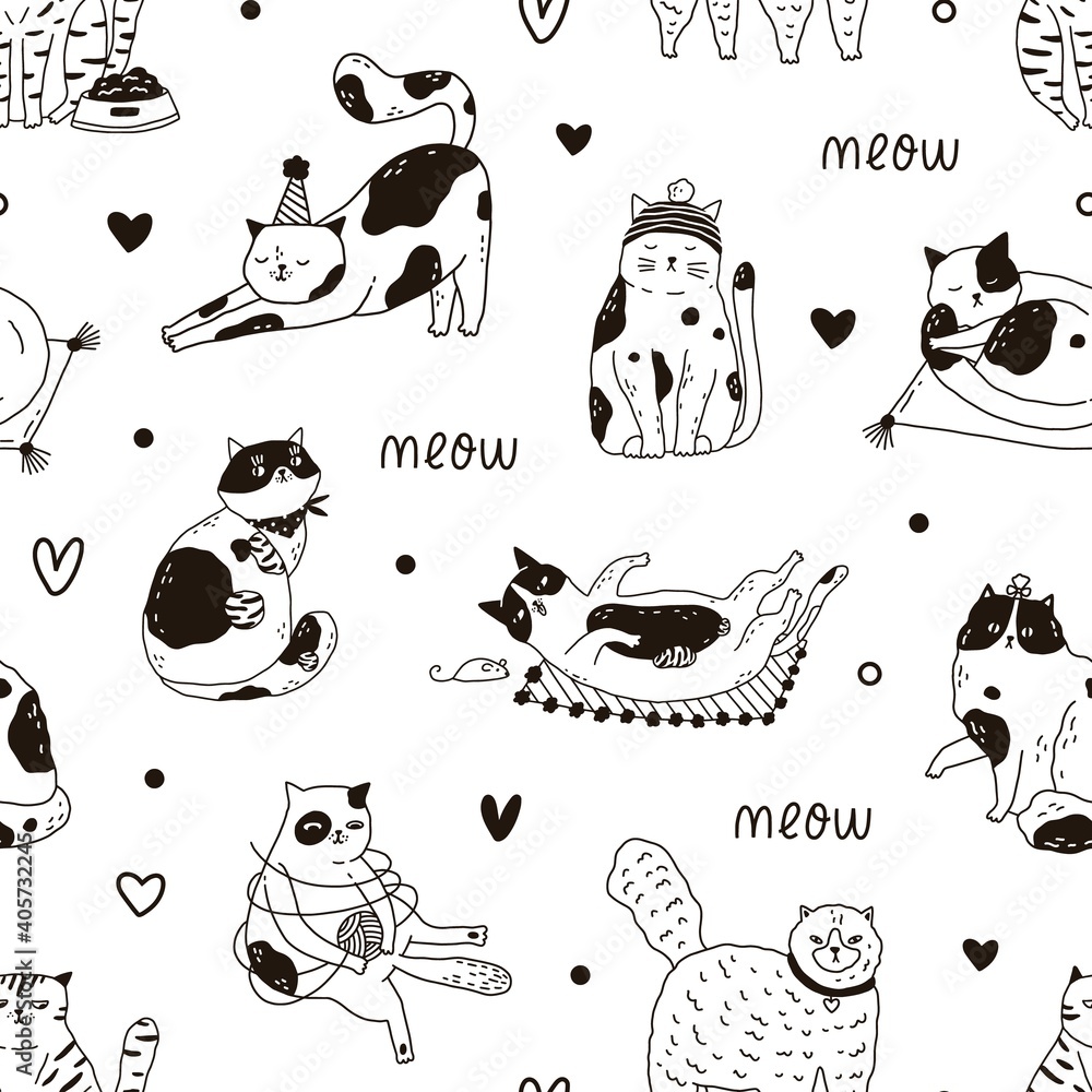 Seamless pattern with cute funny cats playing and sleeping. Design of ...