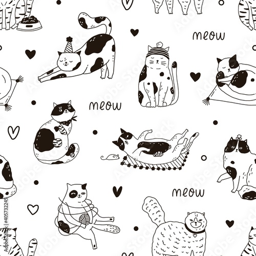 Seamless pattern with cute funny cats playing and sleeping. Design of endless...