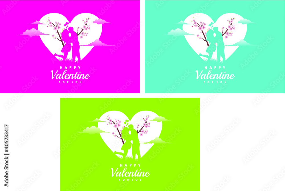 Happy Valentine with an illustration of lovers in love with beautiful cherry tree