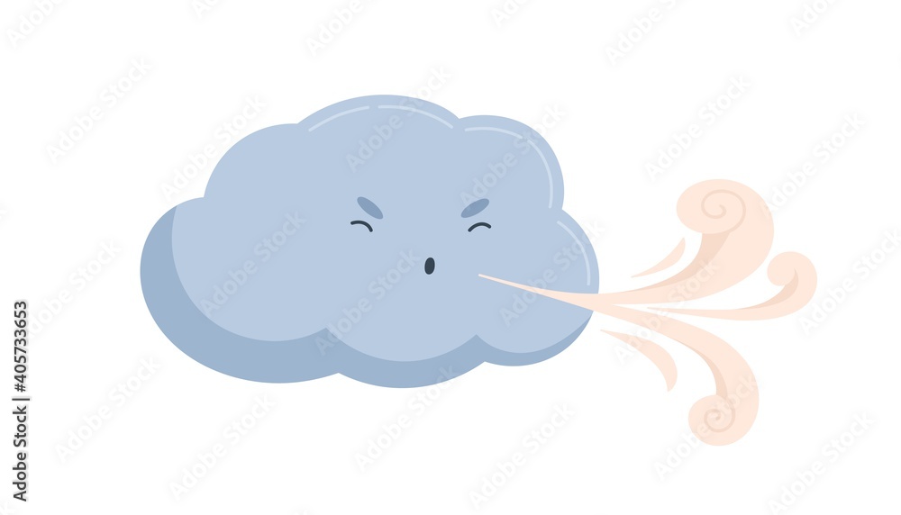 Cute blue cloud with funny angry face with blowing wind. Windy weather