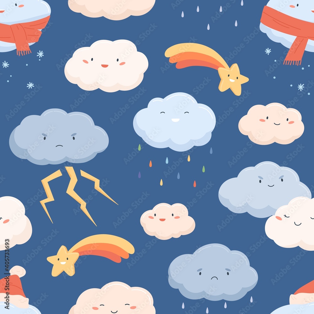 Seamless weather pattern with cute faces of clouds and stars. Funny sweet characters with rain, snow and lightning on endless background. Childish colored vector illustration in flat cartoon style