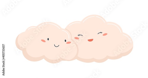 Couple of cute and funny pink clouds together. Cloudy weather. Baby sweet characters with happy faces. Childish colored flat vector illustration isolated on white background