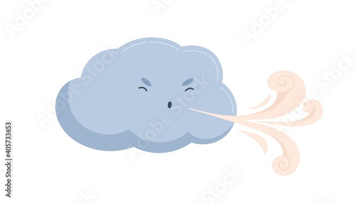 Cute blue cloud with funny angry face with blowing wind. Windy weather icon. Sweet baby character with gust of air from its mouth. Childish flat vector illustration isolated on white background