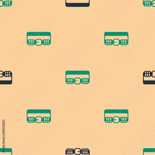 Green and black Hunting cartridge belt with cartridges icon isolated seamless pattern on beige background. Bandolier sign. Hunter equipment, armament. Vector.