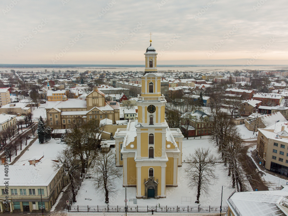 Liepaja city covered by snow Aerial photo. Saints trinity (holy trinity