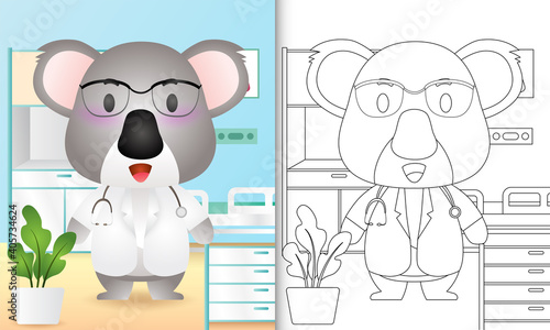 Photography coloring book for kids with a cute koala doctor character illustration