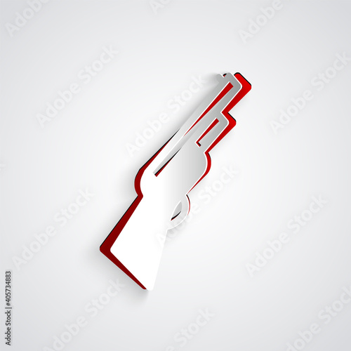 Paper cut Hunting gun icon isolated on grey background. Hunting shotgun. Paper art style. Vector.
