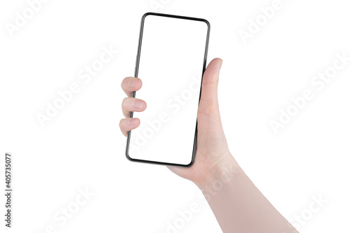 Human hand holds black smartphone blank screen white background isolated close up, woman's hand holding mobile phone, modern design cellphone in female hand, mockup, template, copy space for your text