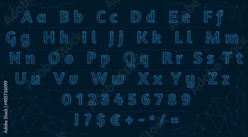 Low poly font. Polygonal letters, numbers and signs. Alphabet made of lines and dots on a dark blue background. photo