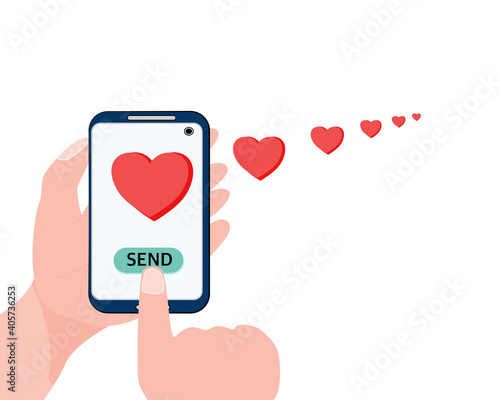 sending love heart route on mobile with red heart.  social distancing heart vector.