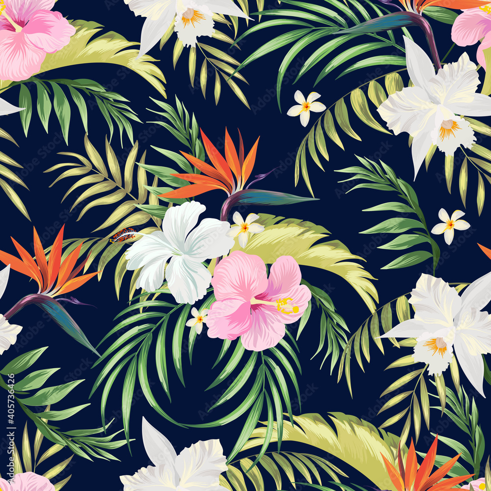Tropical vector pattern with hibiscus, orchid, palm leaves.Exotic style. Seamless botanical print for textile, print, fabric on dark background Tropical vector pattern with hibiscus, orchid, palm leaves.Exotic style. Seamless botanical print for textile, print, fabric on dark background