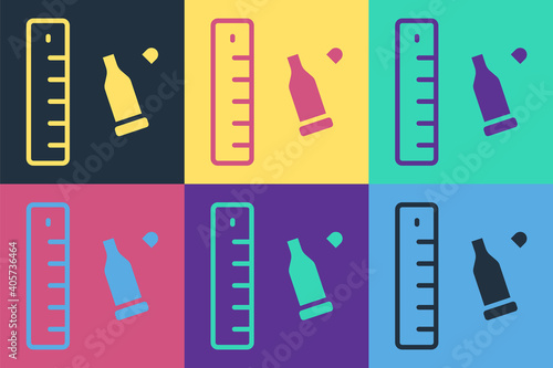 Pop art Bullet casing as a piece of evidence placed with forensic ruler for documentation icon isolated on color background. Concept of crime scene. Vector.