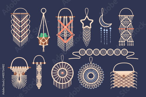 Macrame wall hanging design, braided decorative ornaments. Boho, ethnic handmade knitted pattern. Knitted jewelry and home accessories isolated on white background