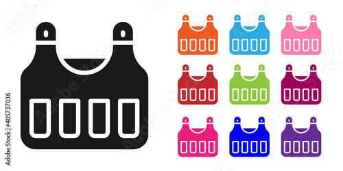 Black Bulletproof vest for protection from bullets icon isolated on white background. Body armor sign. Military clothing. Set icons colorful. Vector.