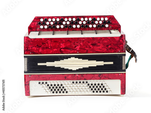 muses instrument button accordion 3 row red on a white background photo