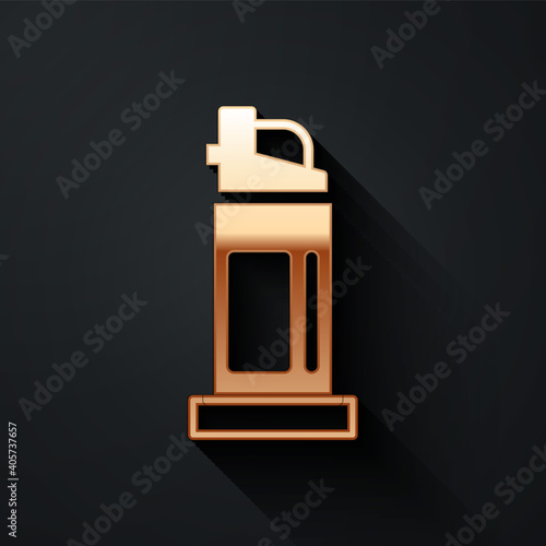 Gold Pepper spray icon isolated on black background. OC gas. Capsicum self defense aerosol. Long shadow style. Vector.