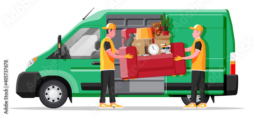 Delivery van full of home stuff inside. Moving to new house. Family relocated to new home. Boxes with goods. Package transportation. Computer, lamp, clothes, books. Flat vector illustration