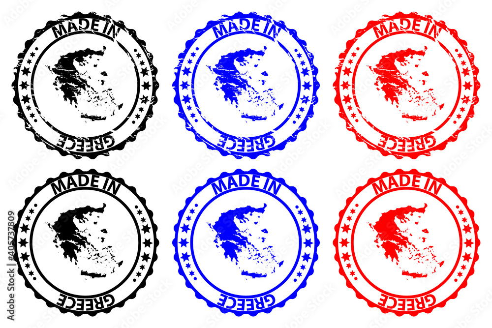Obraz premium Made in Greece - rubber stamp - vector, Greece map pattern - black, blue and red