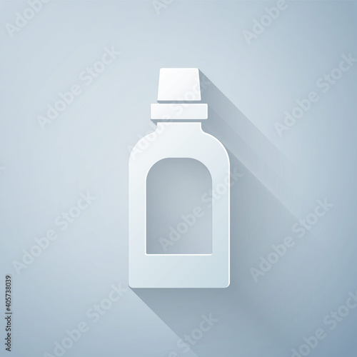 Paper cut Plastic bottle for laundry detergent, bleach, dishwashing liquid or another cleaning agent icon isolated on grey background. Paper art style. Vector.