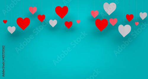 Background with hanging paper volume hearts, red on Customizable color background, 3d Render