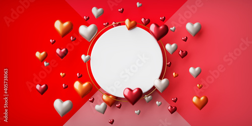 Valentine's day concept background. 3d red gold and whiter hearts with customizable rounded frame, 3d Render