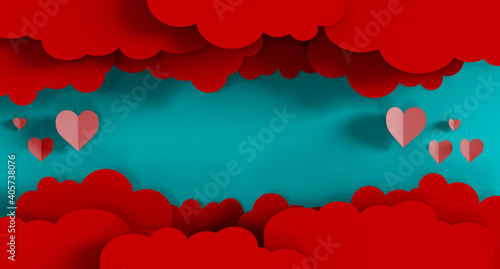 Background in paper cut, clouds and hearts hanging from the ceiling. Pink banner, cut out. Valentine's Day, 3d Render