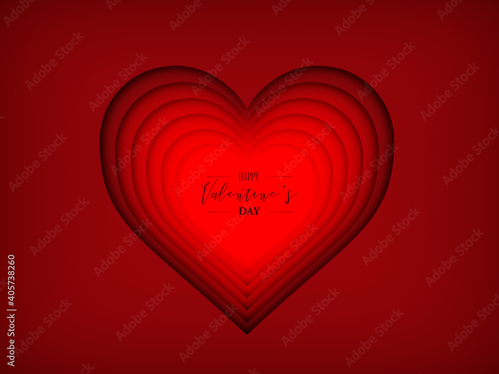 Layered paper cut red hearts and happy Valentine's Day messages for greeting cards given to couples, 3d Render