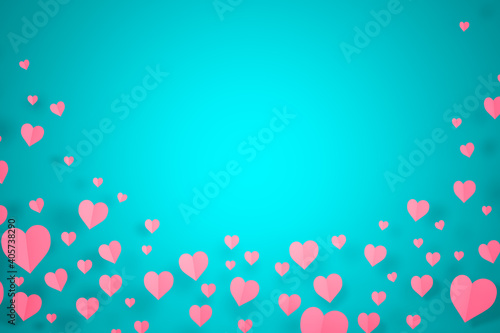 Paper elements in shape of heart flying on custom color background, 3d Render