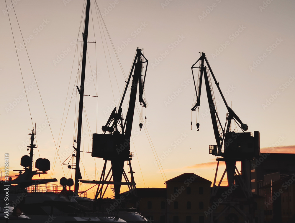 backlight of industrial dock cranes 