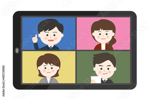 Young men and women working from home having an online meeting on smartphone or tablet. Vector illustration isolated on white background.