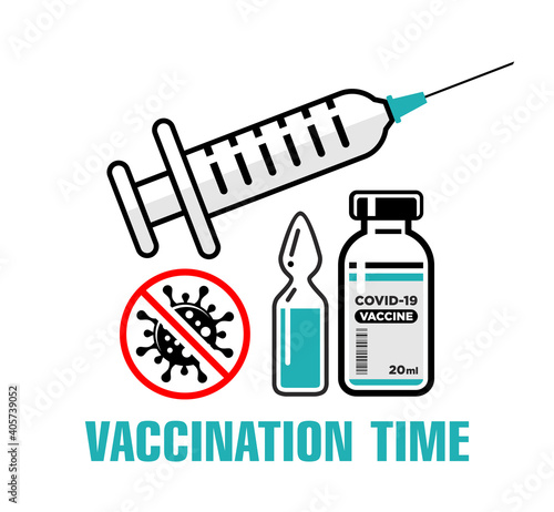 COVID-19 global vaccination concept. Medical syringe with needle, Vial and bottle with the drug, Stop coronavirus warning sign. Vector on transparent background