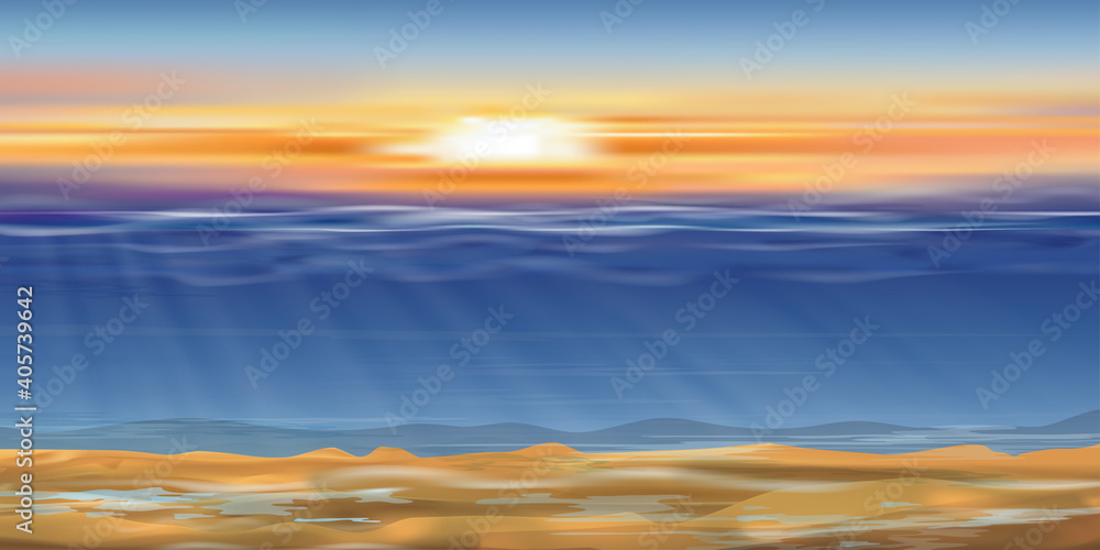 Dramatic sunset sky line with Under water in deep blue on the island,Ocean with sun rays shining on wave, Abstract marine design template for summer with blue ocean,under the sea background