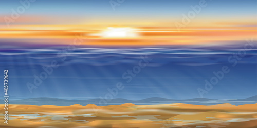 Dramatic sunset sky line with Under water in deep blue on the island,Ocean with sun rays shining on wave, Abstract marine design template for summer with blue ocean,under the sea background