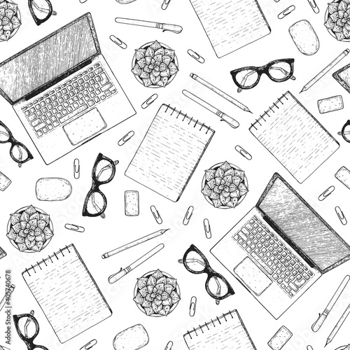 Seamless pattern. Office desk table top view sketch. Workspace with laptop, notebook, plant, pencil, pen, glasses, headphones. Hand drawn vector illustration. Business concept.