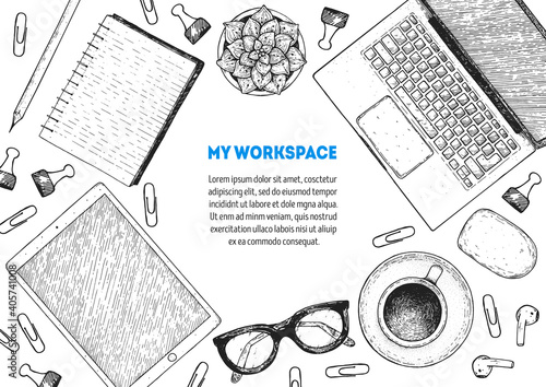 Office desk table top view sketch. Workspace with laptop, notebook, coffee cup, plant, pencil, pen, glasses, headphones. Hand drawn vector illustration. Business concept.